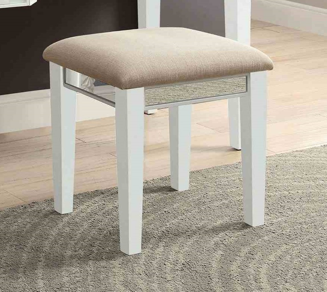Transitional Style  1pc Vanity w/ Stool Set Core Design Storage Drawers Central Mirror Padded Stool White Finish Bedroom Furniture