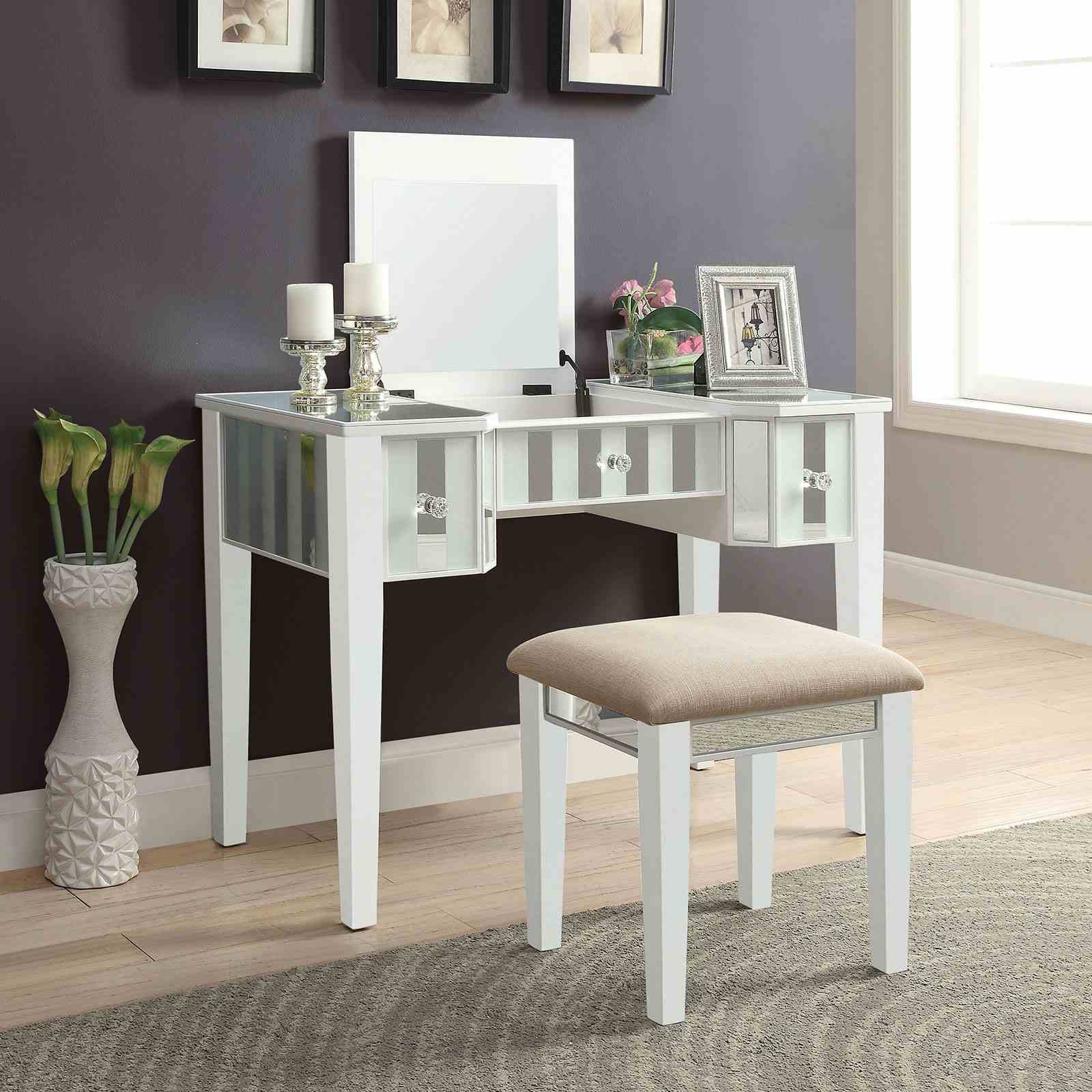 Transitional Style  1pc Vanity w/ Stool Set Core Design Storage Drawers Central Mirror Padded Stool White Finish Bedroom Furniture