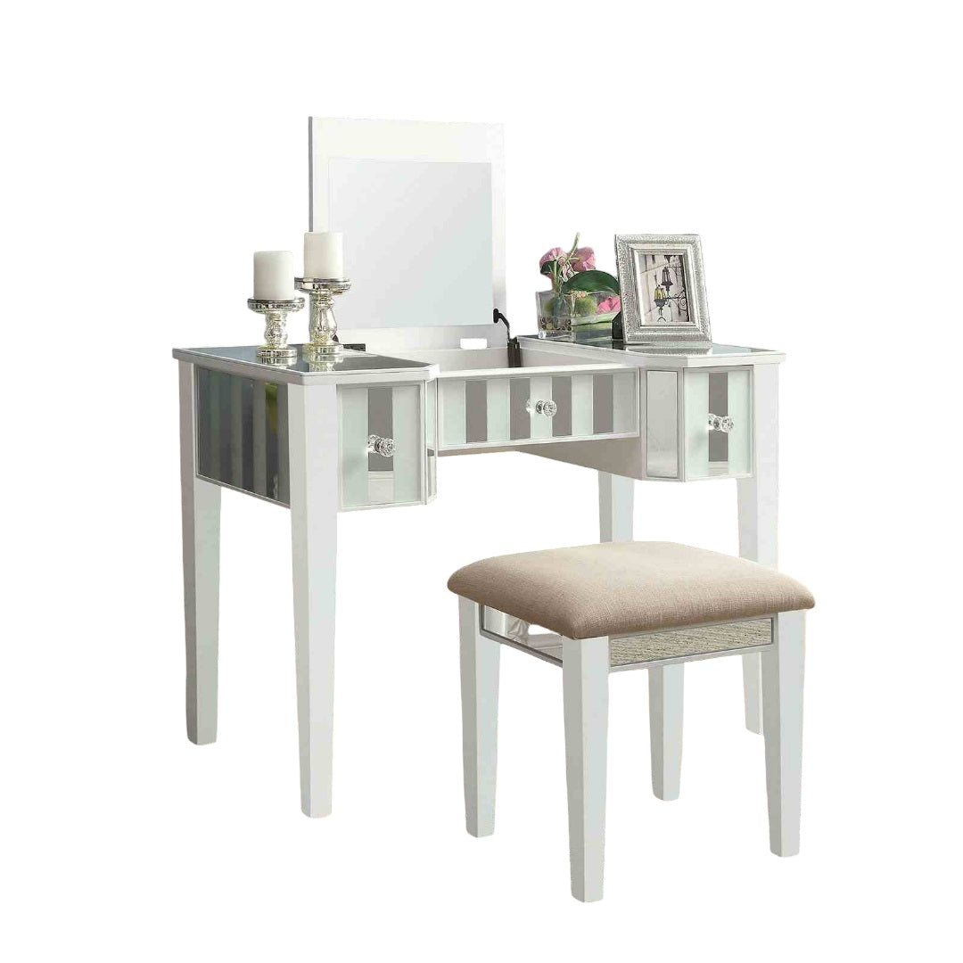 Transitional Style  1pc Vanity w/ Stool Set Core Design Storage Drawers Central Mirror Padded Stool White Finish Bedroom Furniture