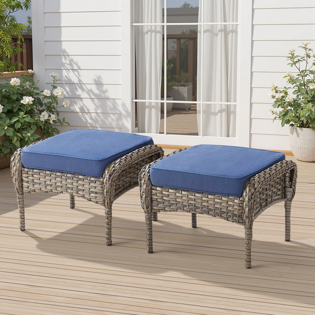 Outdoor PE Wicker Ottomans Set of 2, Patio Gray Rattan Footrests with Blue Cushion for Backyard or Deck