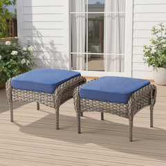 Outdoor PE Wicker Ottomans Set of 2, Patio Gray Rattan Footrests with Blue Cushion for Backyard or Deck