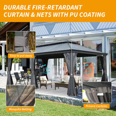 12' X 20' Hardtop Gazebo, Upgraded Metal Gazebo with Drainage System, Dual-Layer Galvanized Steel Roof, Curtain and Netting, Outdoor Shelter Canopy for Patio, Garden, and Backyard, Grey