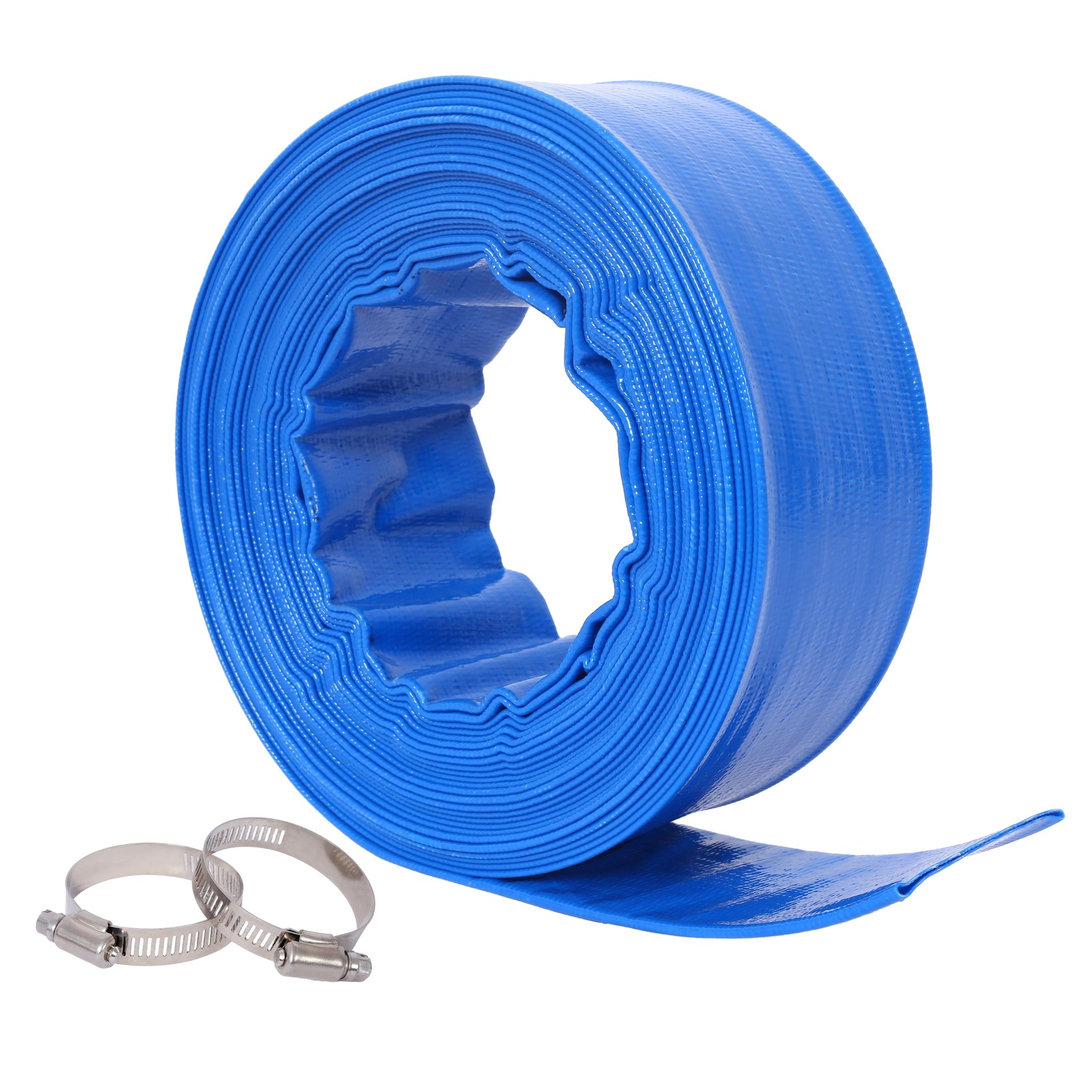 1-1/2"(Flat 2.6") widthx 50 FT Pool Backwash Hose, Blue Heavy Duty Reinforced PVC Lay Flat Water Discharge Hose for Swimming Pool Filter Pump,with 2 Clamp
