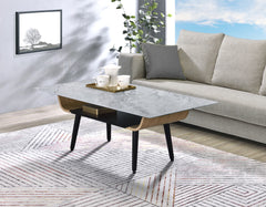 Lorenzo 47"W Coffee Table with Glass Gray Marble Texture Top and Bent Wood Design