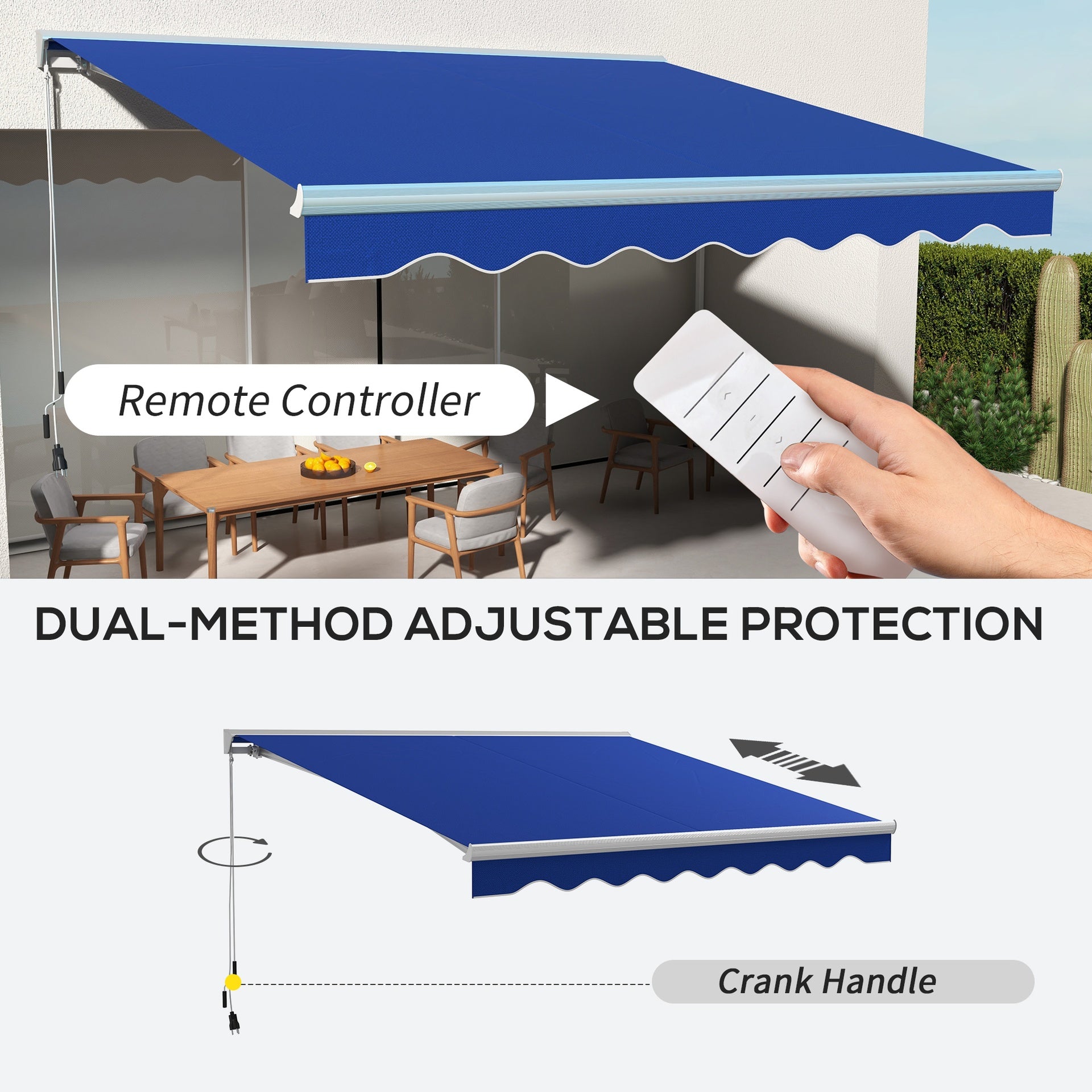 Outsunny 13' x 10' Electric Awning with LED Lights, Retractable Awning, UV40+ Sun Shade Shelter with Remote Controller and Crank Handle for Deck, Balcony, Yard, Blue