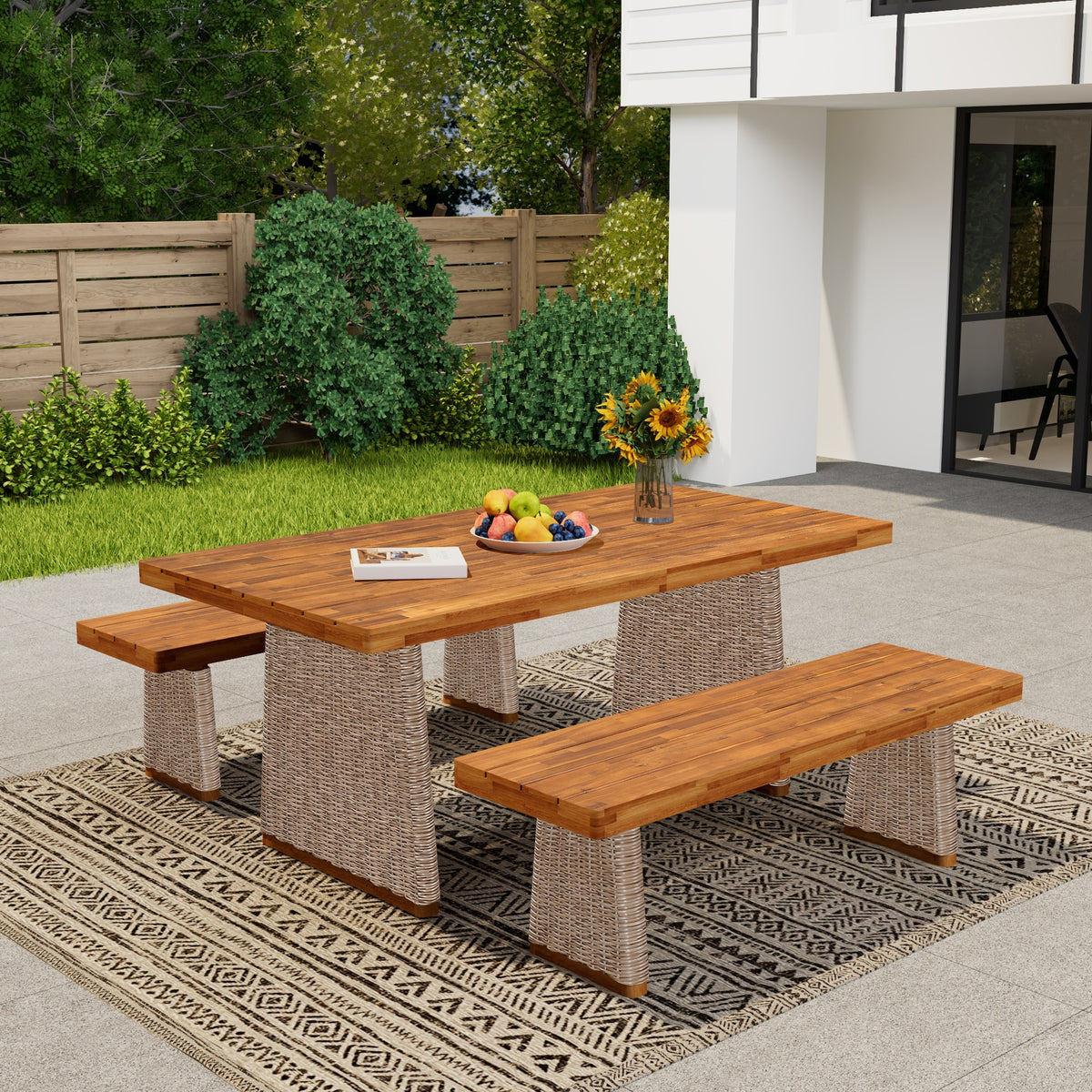 Outdoor 3 Piece Acacia Wood Dining Set with Handwoven Rattan Legs,Brown
