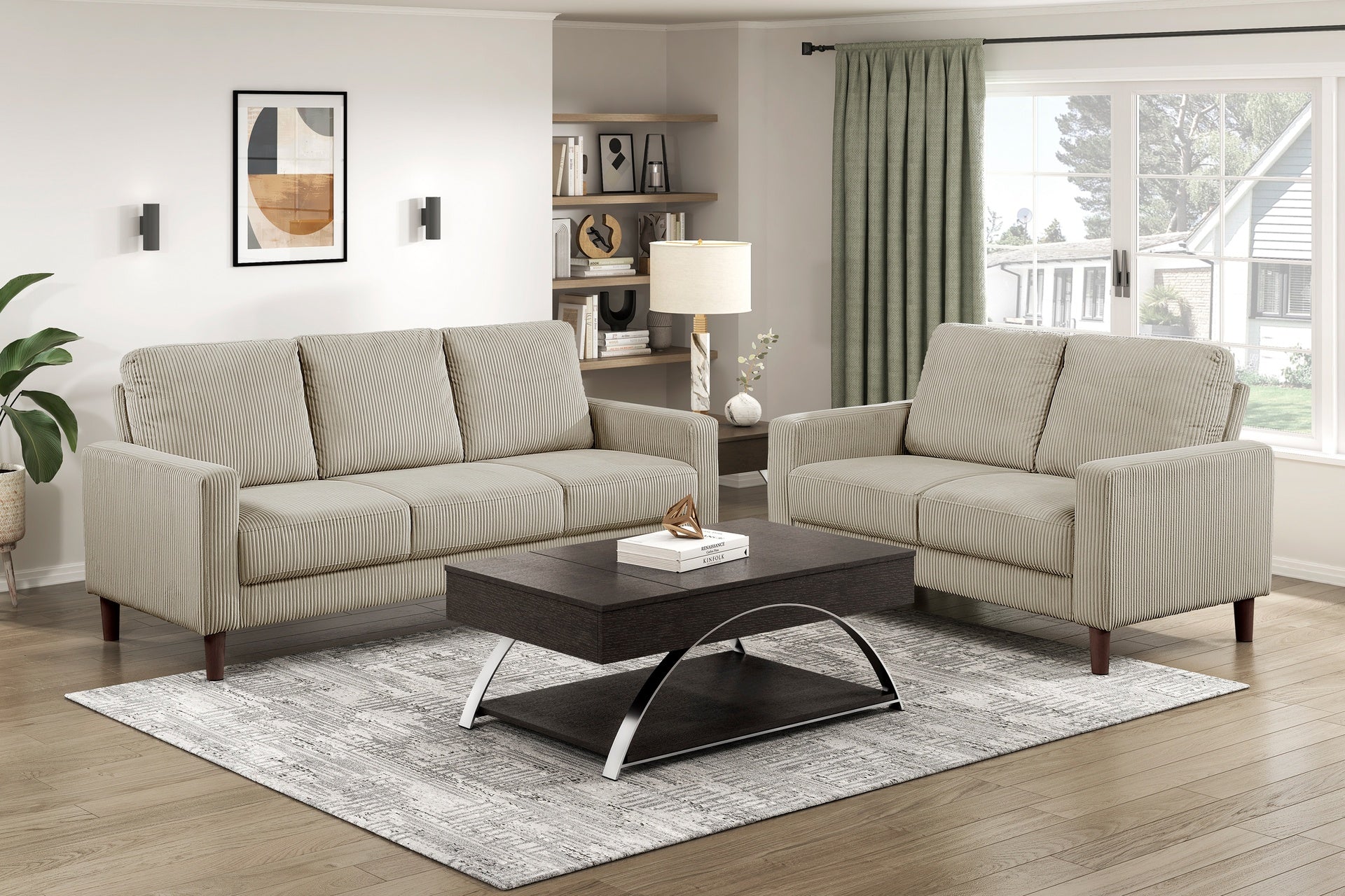Modern Contemporary Sofa Set 2pcs Comfortable Sofa Loveseat Taupe Corduroy Upholstered Cushion Solid Wood Living Room Furniture