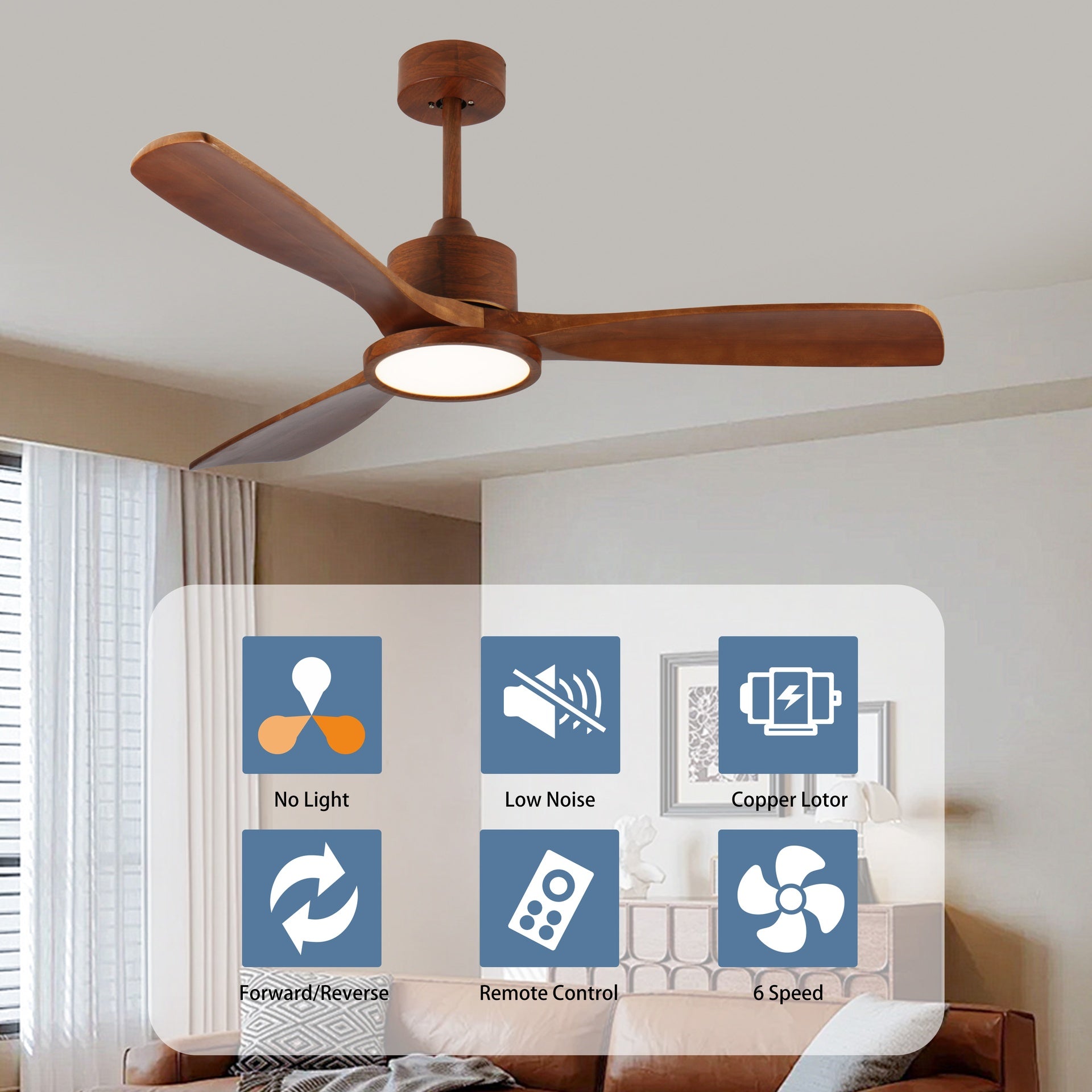 52 inch  Wood Ceiling Fans with Lights and Remote, Modern  Low Profile Ceiling Fan with Light, 6 Speed, Reversible DC Motor, for Bedroom/Outdoor/Farmhouse/Patios