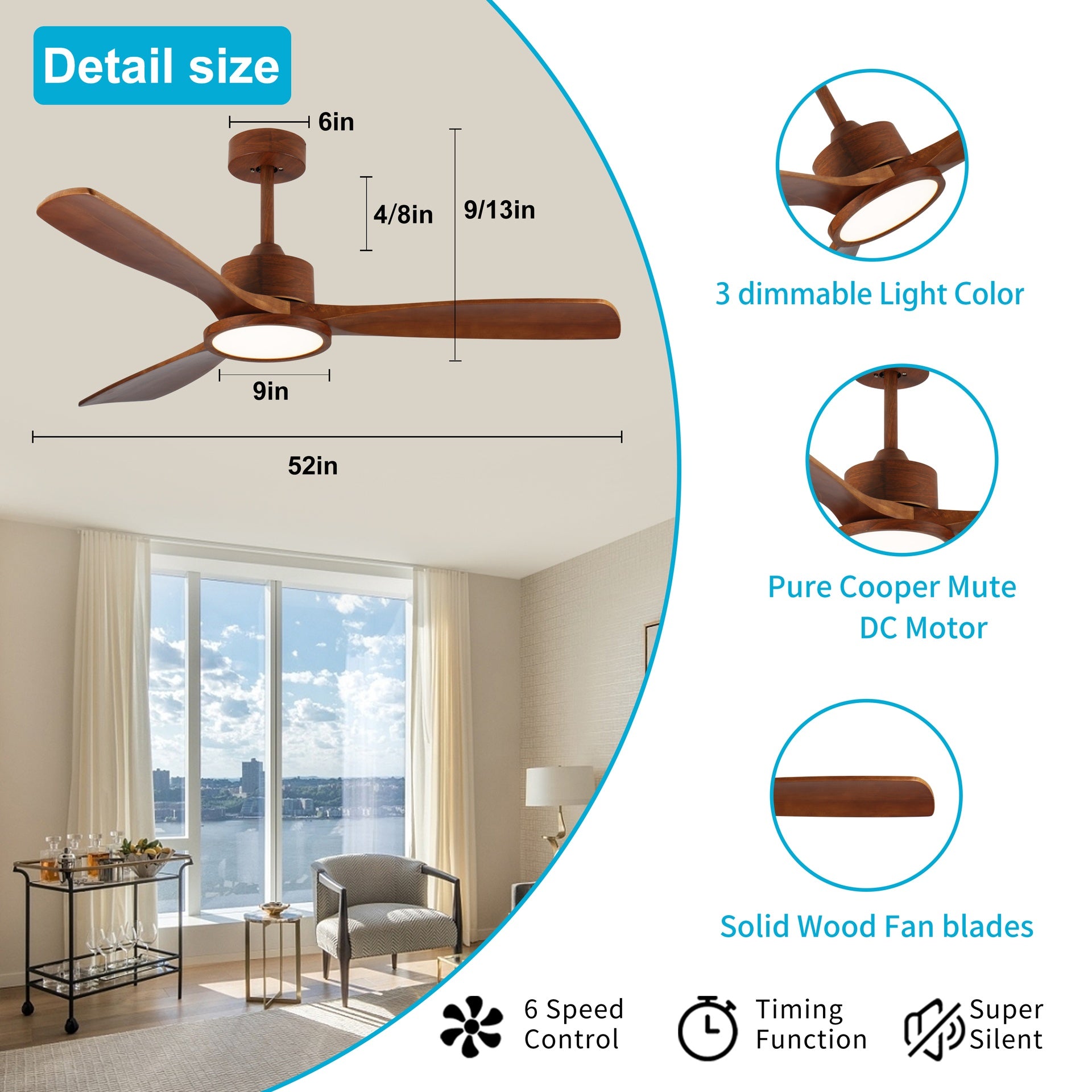 52 inch  Wood Ceiling Fans with Lights and Remote, Modern  Low Profile Ceiling Fan with Light, 6 Speed, Reversible DC Motor, for Bedroom/Outdoor/Farmhouse/Patios