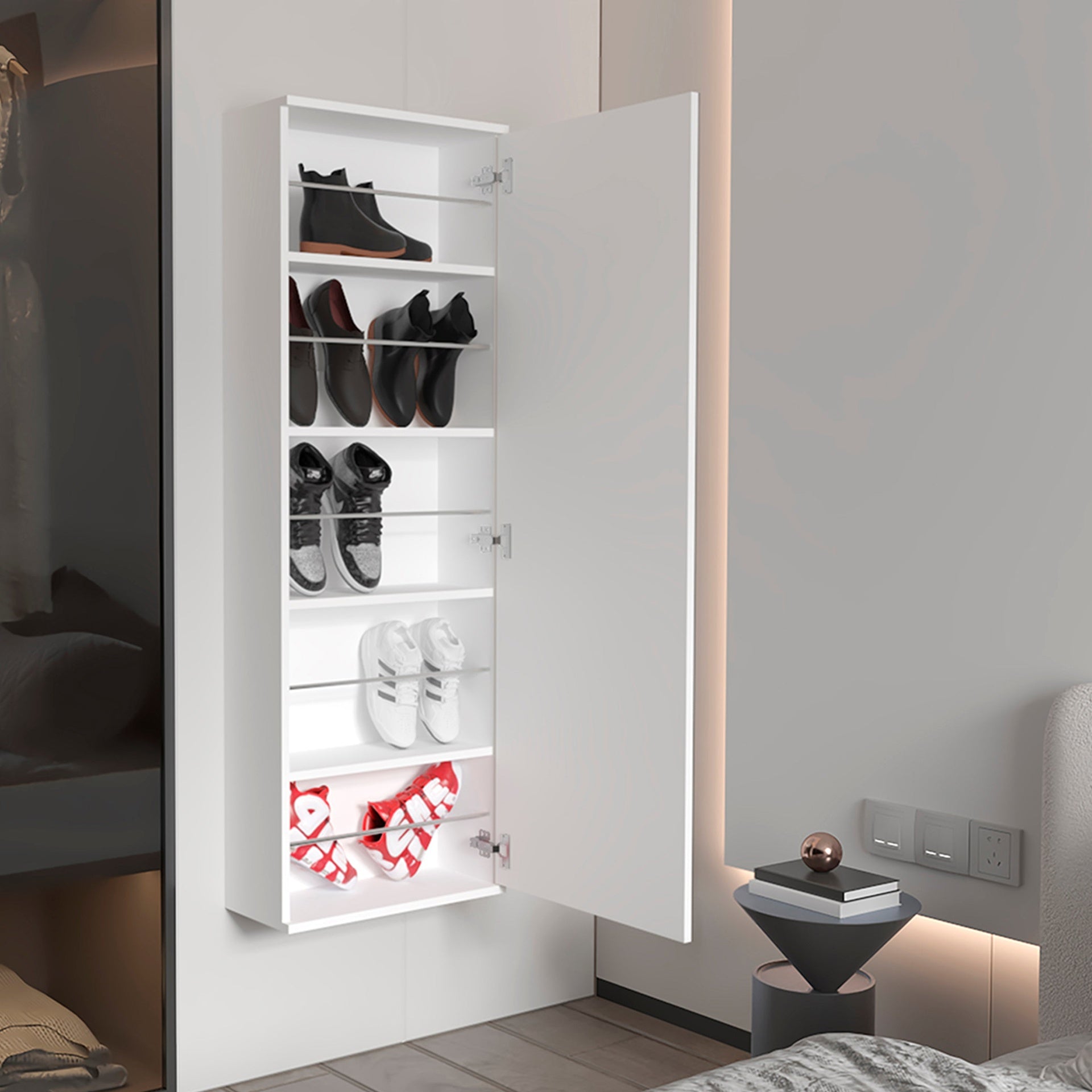 Montauk 5-Shelf Wall Mounted Shoe Cabinet with Mirror Door White