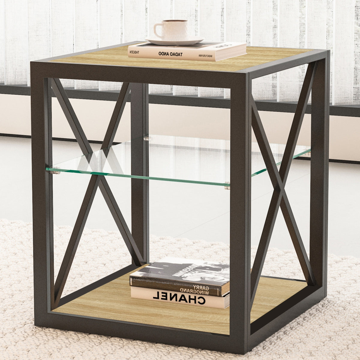 Set of 2 Modern End Table Nightstand for Bedroom & Living Room, Tempered Glass & Natural Wood MDF Top , Industrial Style Side Table