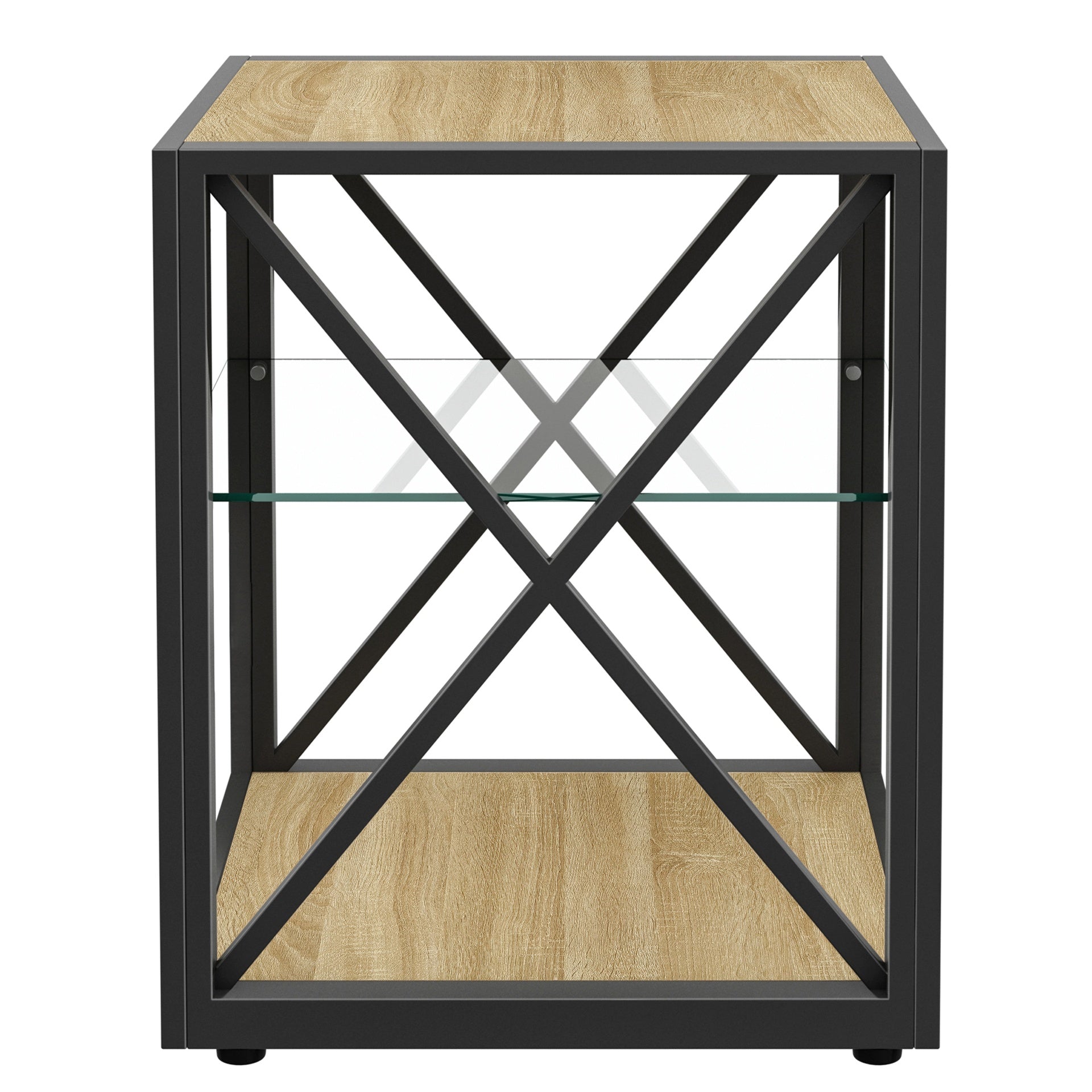 Set of 2 Modern End Table Nightstand for Bedroom & Living Room, Tempered Glass & Natural Wood MDF Top , Industrial Style Side Table