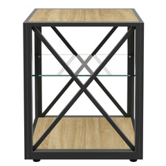 Set of 2 Modern End Table Nightstand for Bedroom & Living Room, Tempered Glass & Natural Wood MDF Top , Industrial Style Side Table