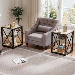 Set of 2 Modern End Table Nightstand for Bedroom & Living Room, Tempered Glass & Natural Wood MDF Top , Industrial Style Side Table
