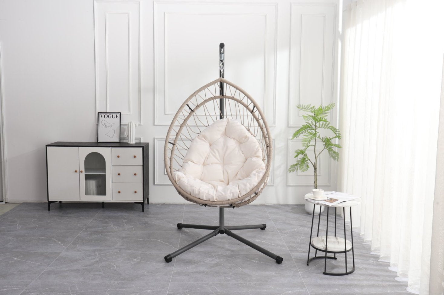 Outdoor Egg-shaped Hanging Chair with Stand, Patio Egg-shaped Swing Chair, Indoor Rocking Chair, Outdoor Hammock Egg-shaped Chair, Beige