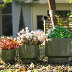 Handmade Solid Glaze Ceramic Planter Set of 3, 15/12/9 Inch Diameter, for Succulents & Flowers Outdoor Garden & Indoor Staircase Use, Breathable Porous Clay, Earthy Green