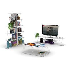 FurnisHome Store Tars Mid Century Modern Tv Stand 4 Shelves Open Storage Metal Cords Entertainment Centre 56 inch Low Tv Unit, White/Chrome