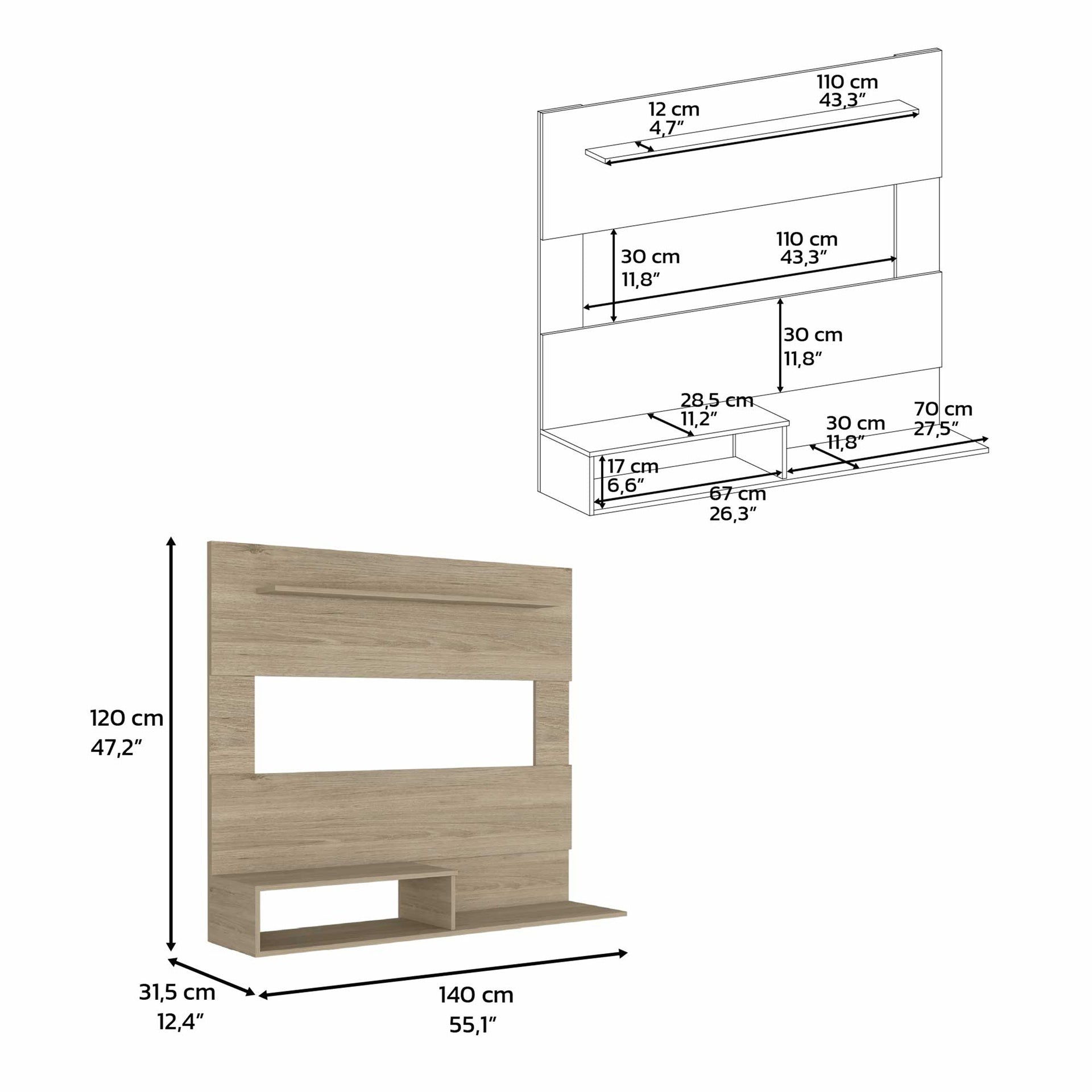 Floating Entertainment Center Albuquerque, Space For The TV´s up 55", Light Pine Finish