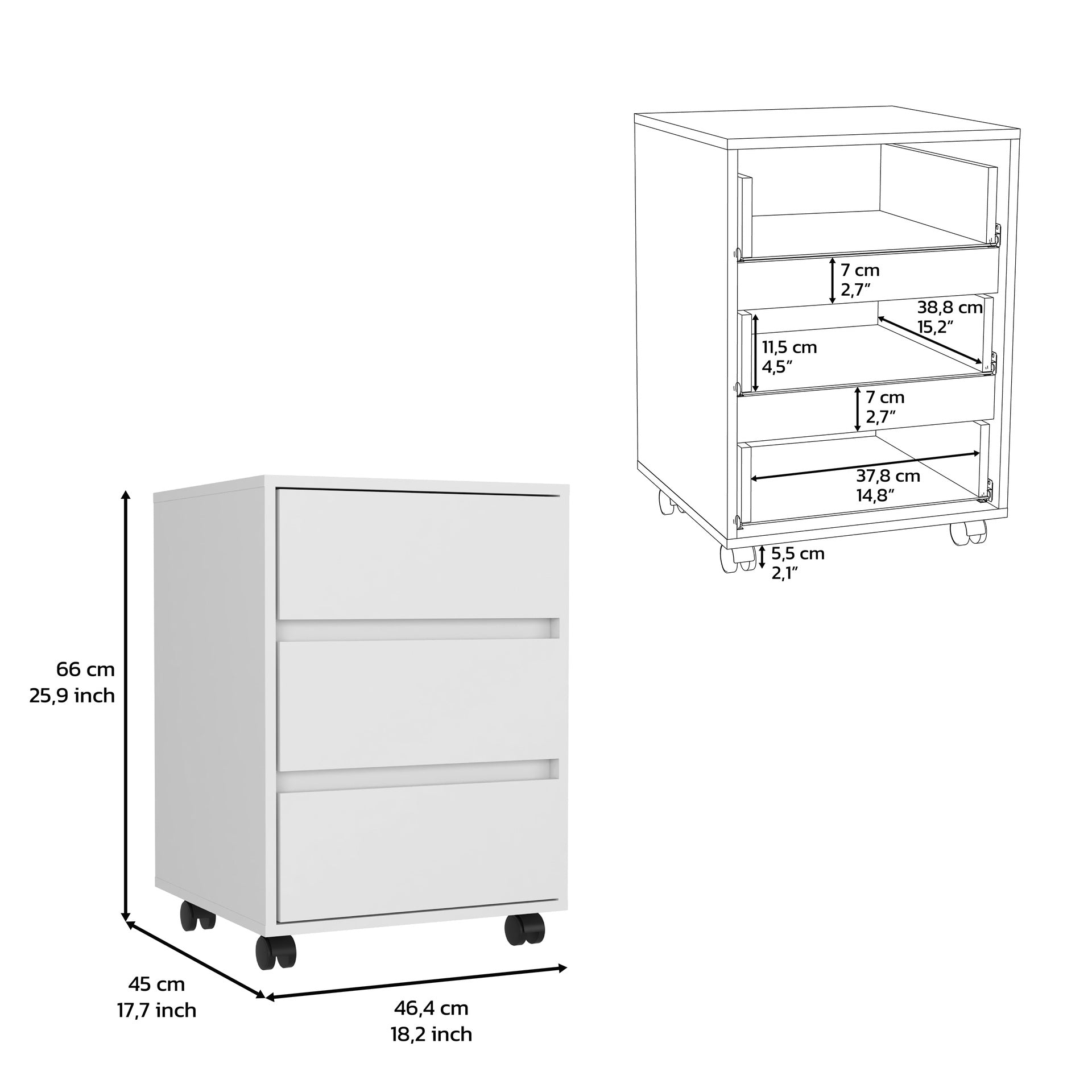 Three Drawers Bang, Filing Cabinet, Roller Blade Glide, White Finish