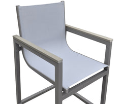 Noverra Outdoor Patio Barstool in Gray Powder Coated Finish with Gray Sling Textilene and Gray Wood Accent Arms
