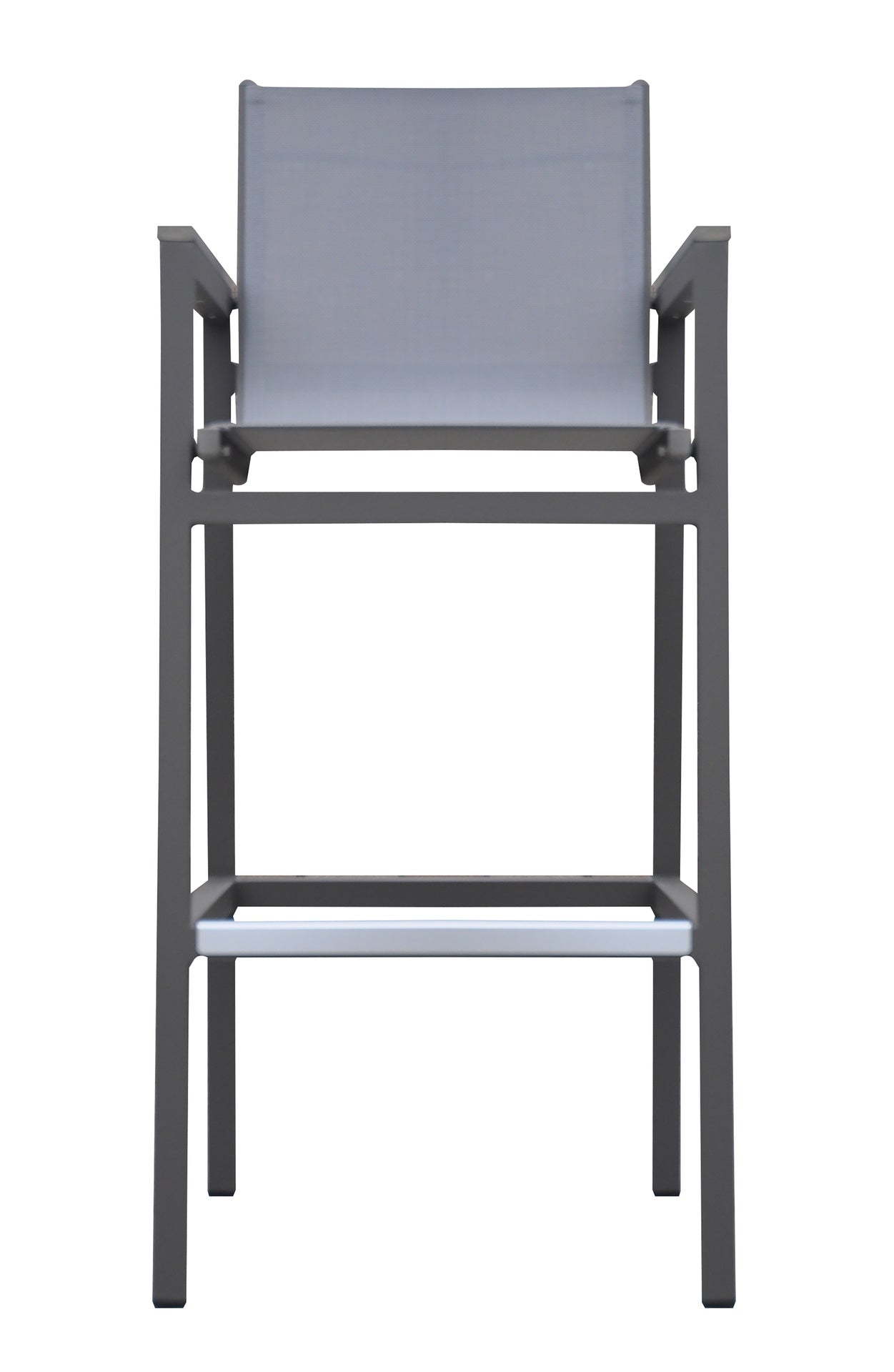 Noverra Outdoor Patio Barstool in Gray Powder Coated Finish with Gray Sling Textilene and Gray Wood Accent Arms