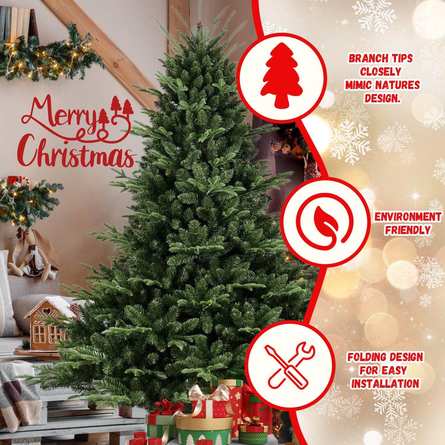 Full-Shaped 6FT Christmas Tree with 1673 Tips – PE/PVC Mixed Needles, Wide Base for Large Spaces, Hinged Structure for Easy Setup, Metal Stand for Strong Support*