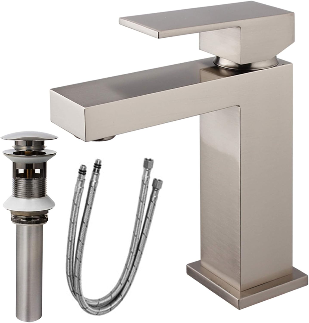 Single Handle Bathroom Faucet, Brushed Nickel Single Hole Bathroom Faucet, Solid Brass Modern Bathroom Sink Faucet Heavy Duty Vanity Square Bathroom Faucet with Pop-up Drain & Water Supply Hoses