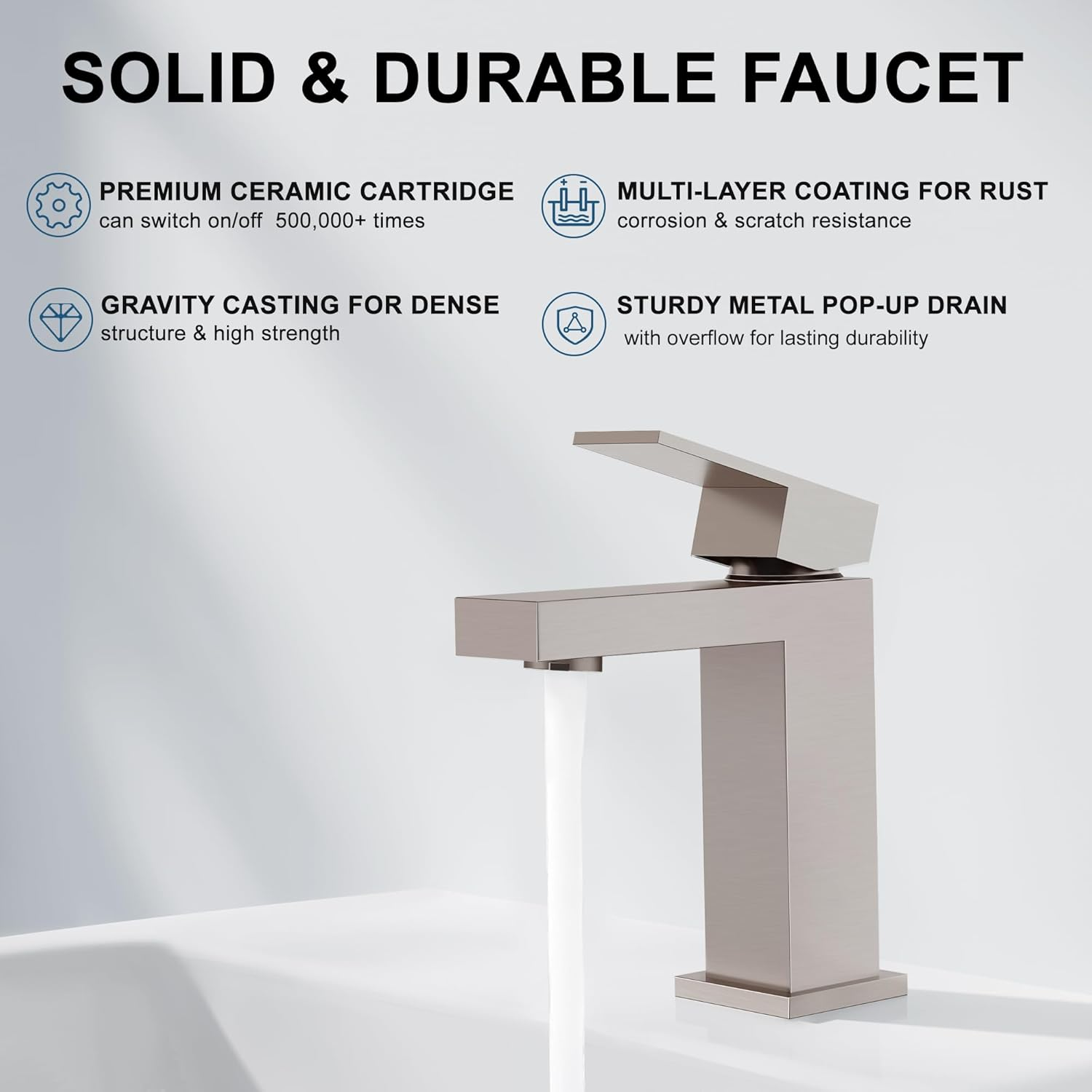 Single Handle Bathroom Faucet, Brushed Nickel Single Hole Bathroom Faucet, Solid Brass Modern Bathroom Sink Faucet Heavy Duty Vanity Square Bathroom Faucet with Pop-up Drain & Water Supply Hoses