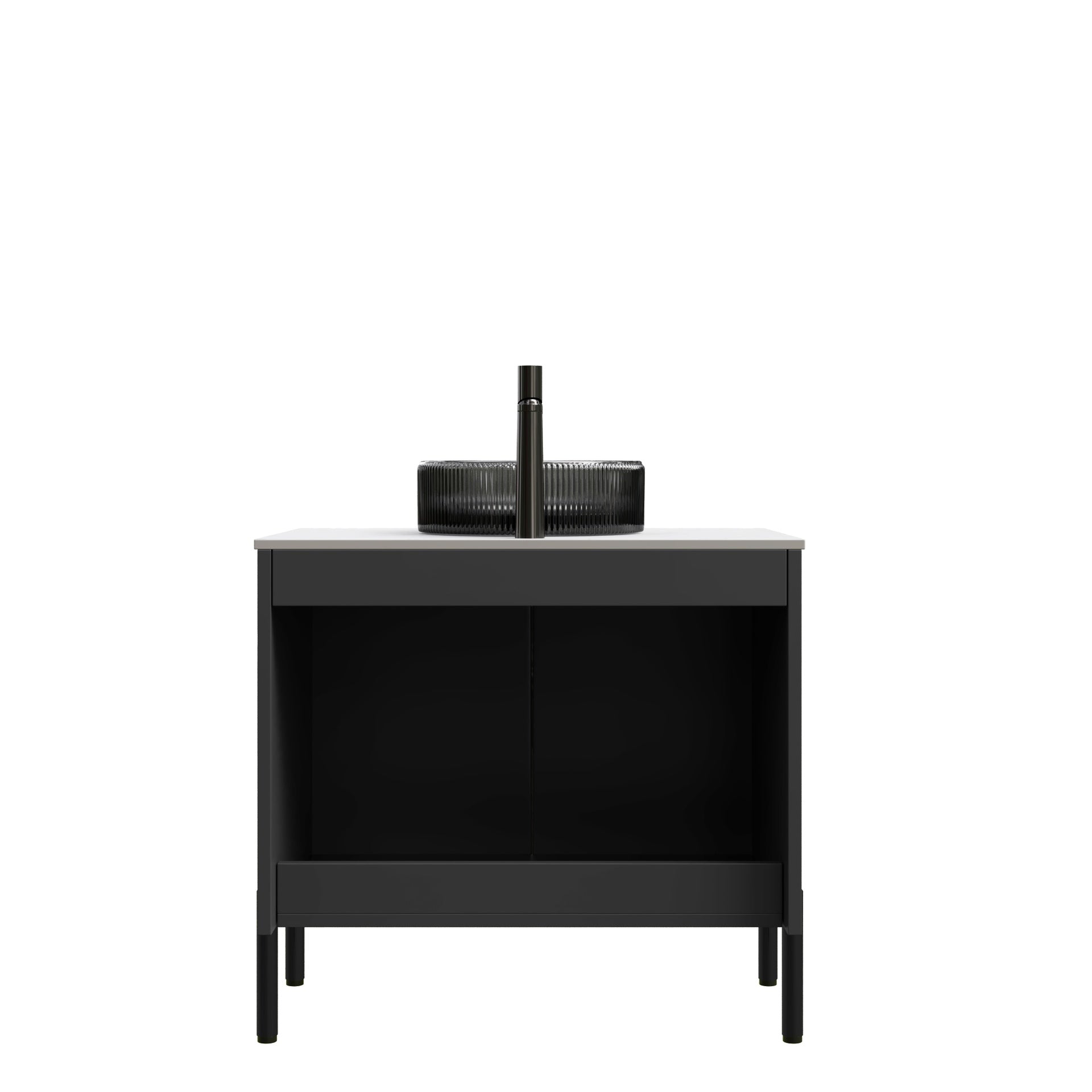 TURIO 30" Bathroom Vanity with Sink, Freestanding Bathroom Storage Cabinet with 2 Doors, Transparent Black Round Glass Basin and Carrara White Sintered Stone Countertop, No Faucet, Black Color