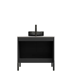 TURIO 30" Bathroom Vanity with Sink, Freestanding Bathroom Storage Cabinet with 2 Doors, Transparent Black Round Glass Basin and Carrara White Sintered Stone Countertop, No Faucet, Black Color