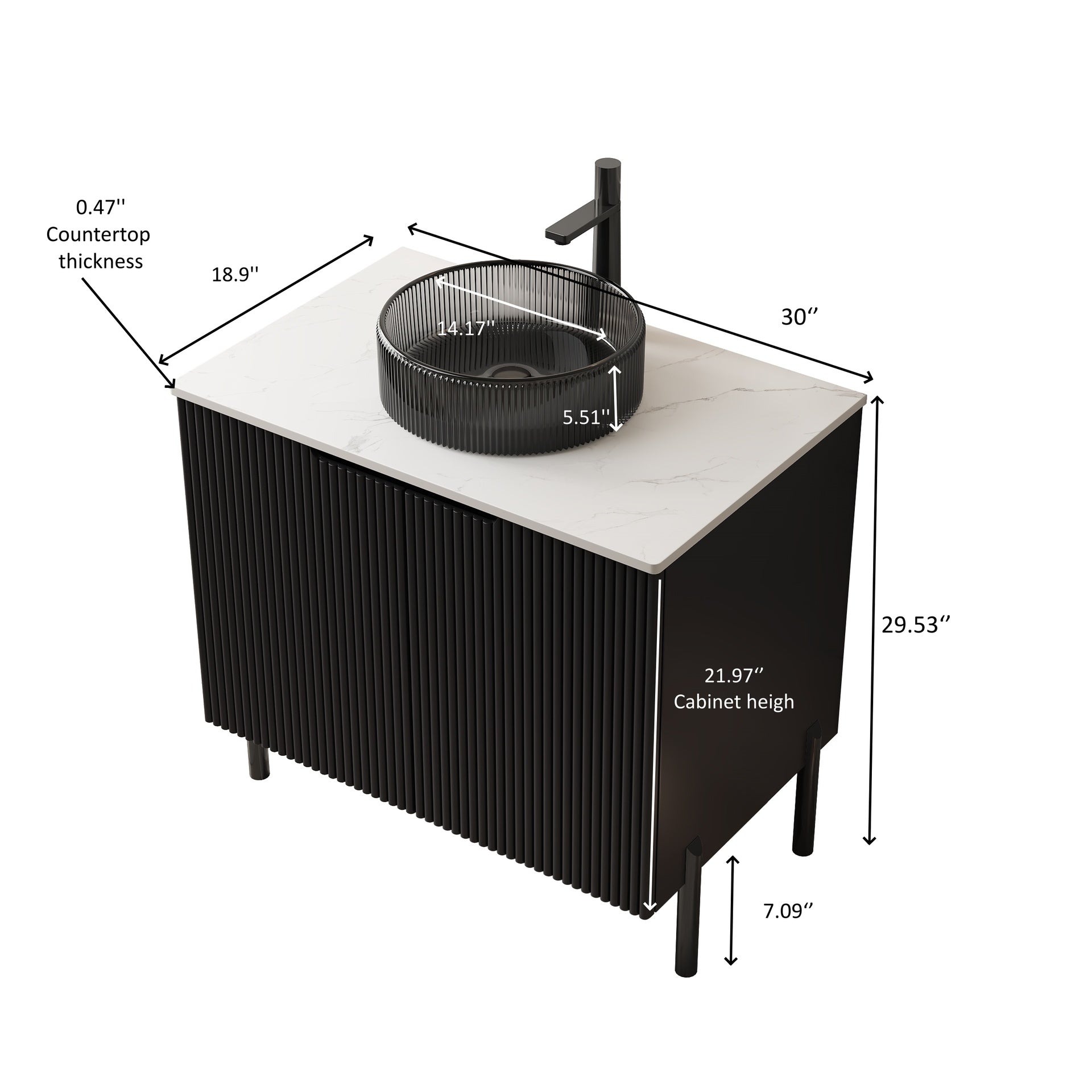 TURIO 30" Bathroom Vanity with Sink, Freestanding Bathroom Storage Cabinet with 2 Doors, Transparent Black Round Glass Basin and Carrara White Sintered Stone Countertop, No Faucet, Black Color