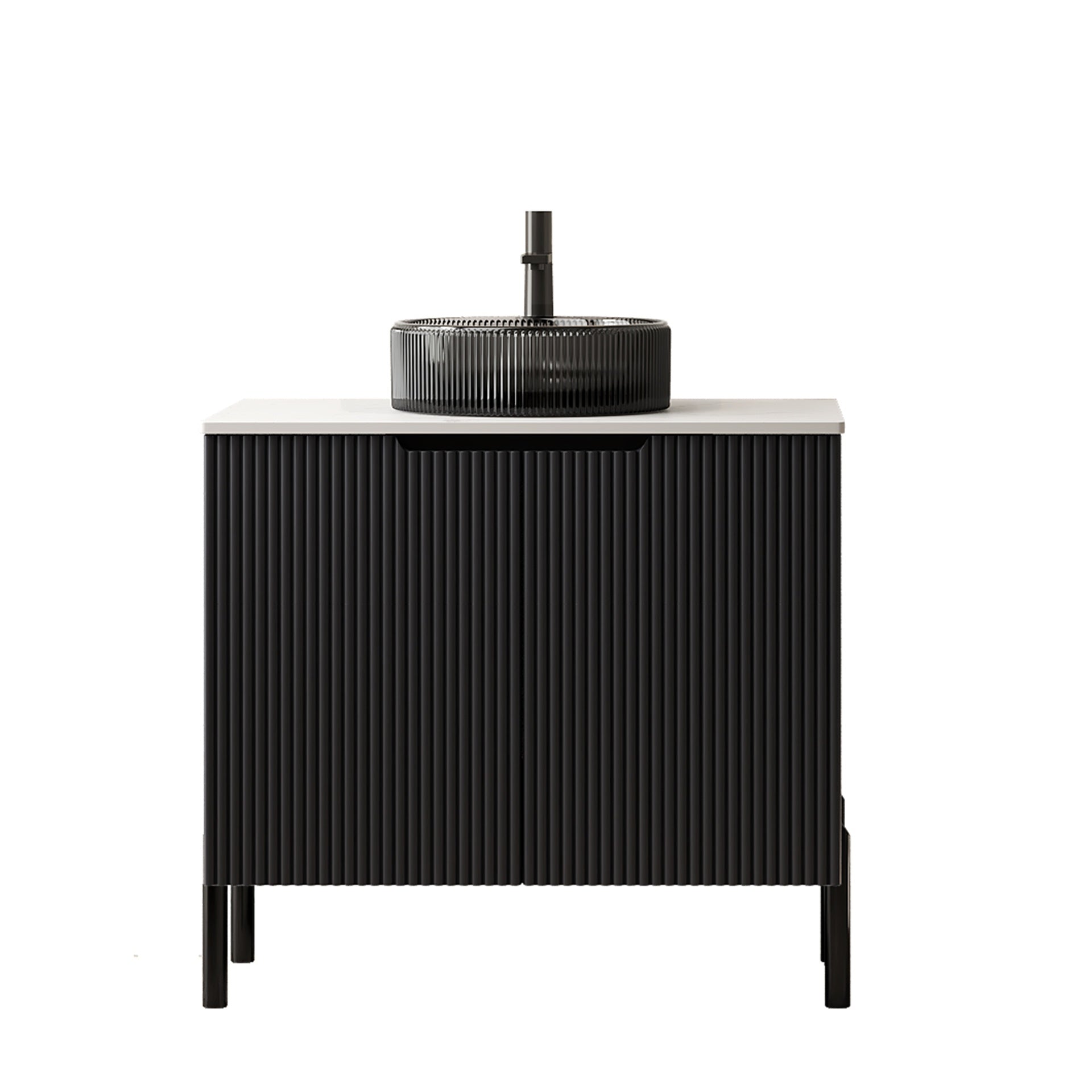 TURIO 30" Bathroom Vanity with Sink, Freestanding Bathroom Storage Cabinet with 2 Doors, Transparent Black Round Glass Basin and Carrara White Sintered Stone Countertop, No Faucet, Black Color