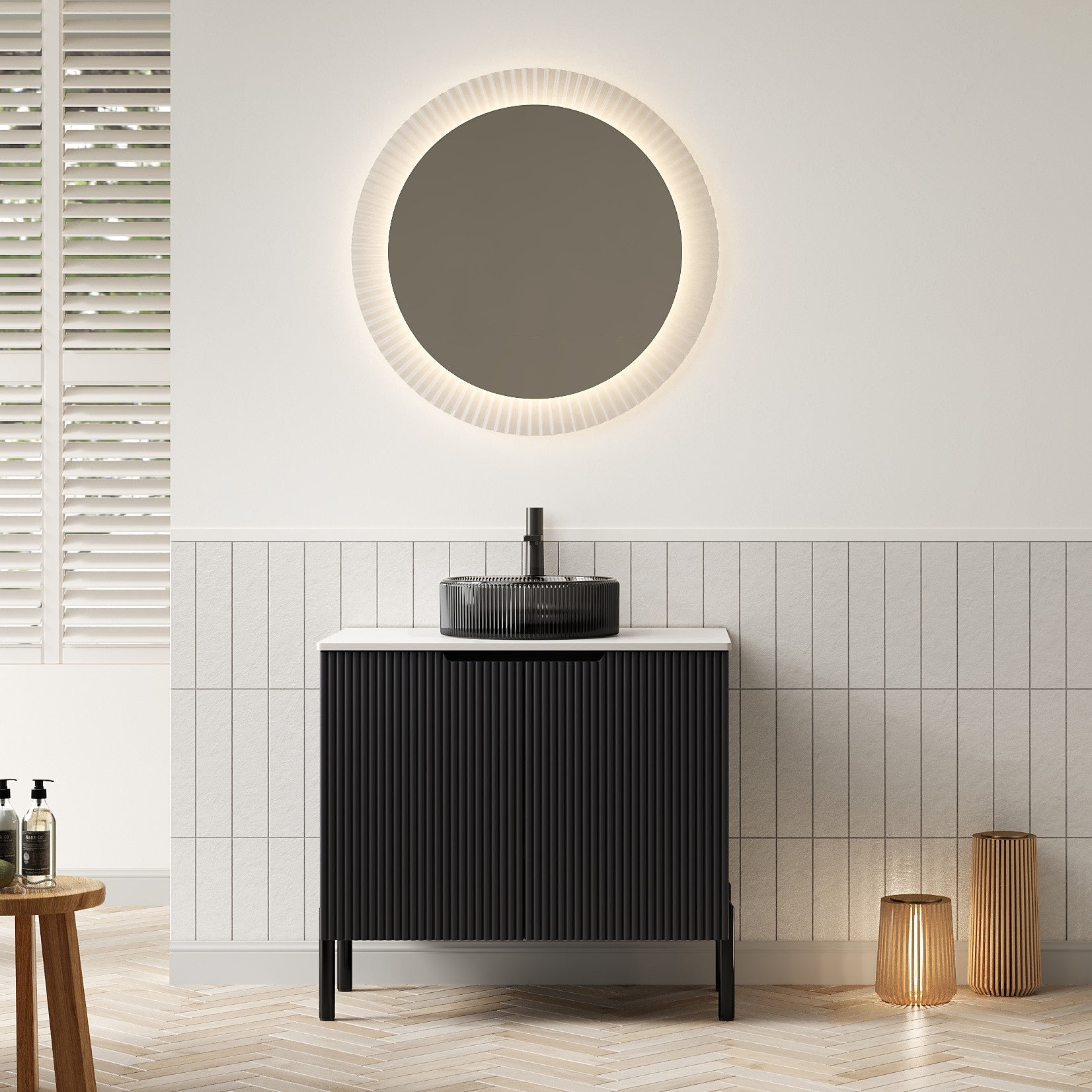 TURIO 30" Bathroom Vanity with Sink, Freestanding Bathroom Storage Cabinet with 2 Doors, Transparent Black Round Glass Basin and Carrara White Sintered Stone Countertop, No Faucet, Black Color