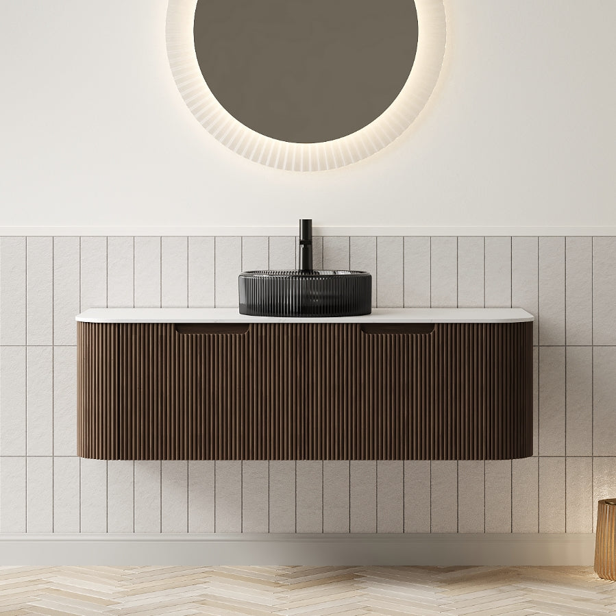 DINA 48" Bathroom Vanity with Sink, Wall-Mounted Curved Edges Striped Storage Cabinet with 2 Drawers, Transparent Black Round Glass Basin and Countertop, Pre-assembled, Dark Walnut Woodgrain Color
