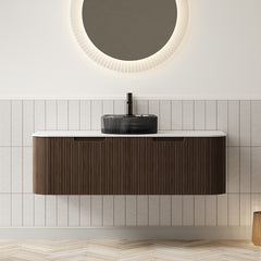DINA 48" Bathroom Vanity with Sink, Wall-Mounted Curved Edges Striped Storage Cabinet with 2 Drawers, Transparent Black Round Glass Basin and Countertop, Pre-assembled, Dark Walnut Woodgrain Color