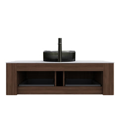 DINA 48" Bathroom Vanity with Sink, Wall-Mounted Curved Edges Striped Storage Cabinet with 2 Drawers, Transparent Black Round Glass Basin and Countertop, Pre-assembled, Dark Walnut Woodgrain Color