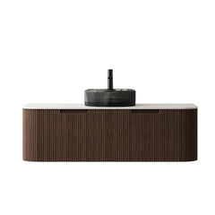 DINA 48" Bathroom Vanity with Sink, Wall-Mounted Curved Edges Striped Storage Cabinet with 2 Drawers, Transparent Black Round Glass Basin and Countertop, Pre-assembled, Dark Walnut Woodgrain Color
