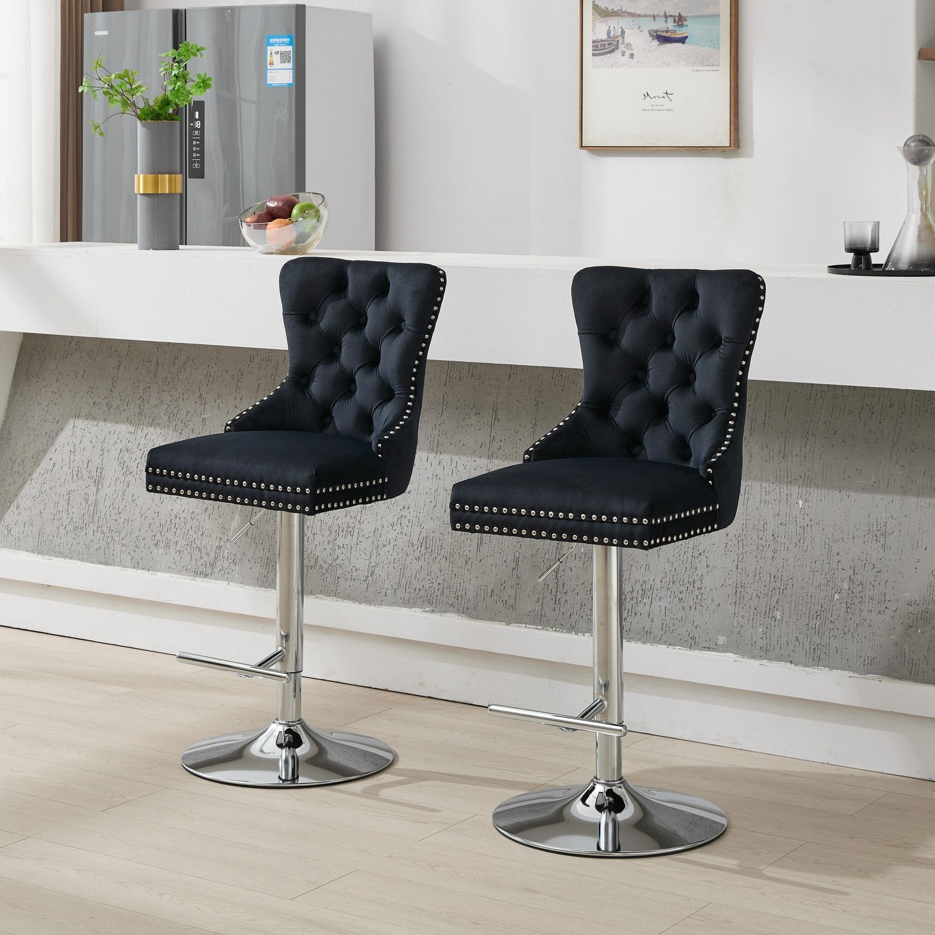 Thick Chrome Swivel Velvet Barstools,Adjustable 25-33"Height,Modern Upholstered with17.7" Base,Tufted Buttons&Diamond Pleating,Sponge&Spring Seat,for Home Pub&Kitchen Island(Black, Set of 2)