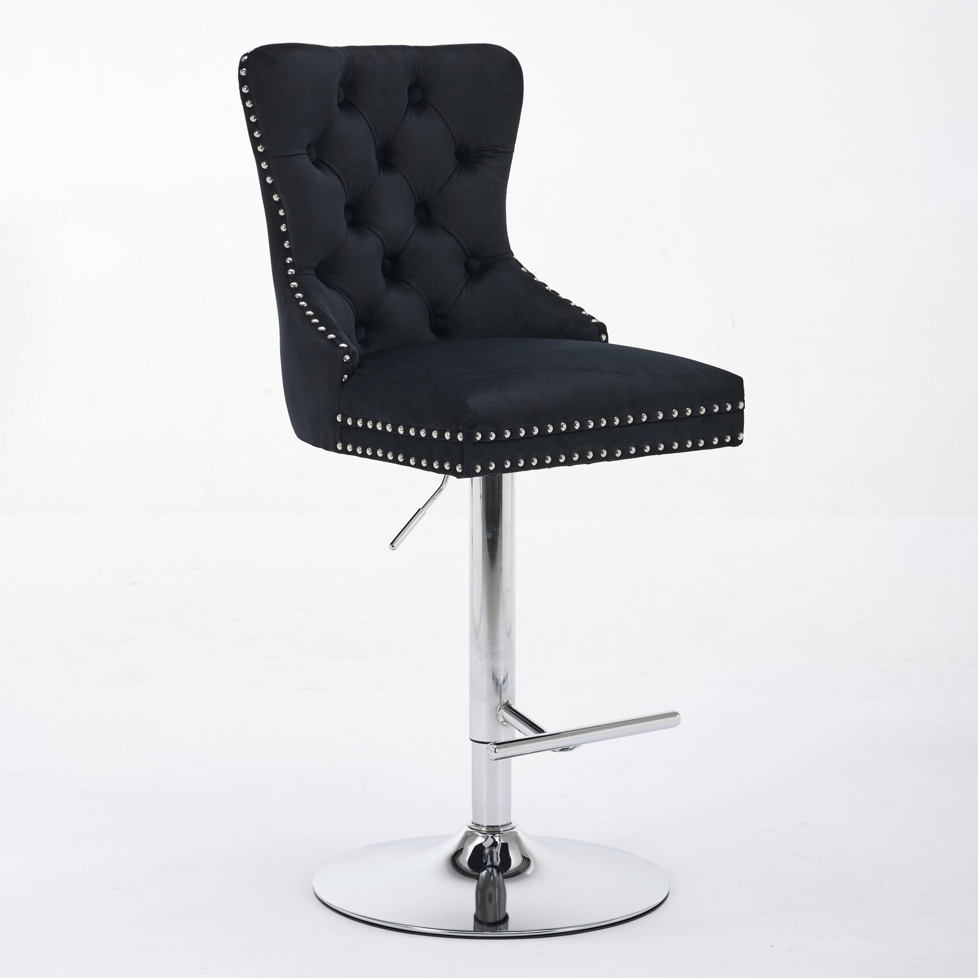 Thick Chrome Swivel Velvet Barstools,Adjustable 25-33"Height,Modern Upholstered with17.7" Base,Tufted Buttons&Diamond Pleating,Sponge&Spring Seat,for Home Pub&Kitchen Island(Black, Set of 2)