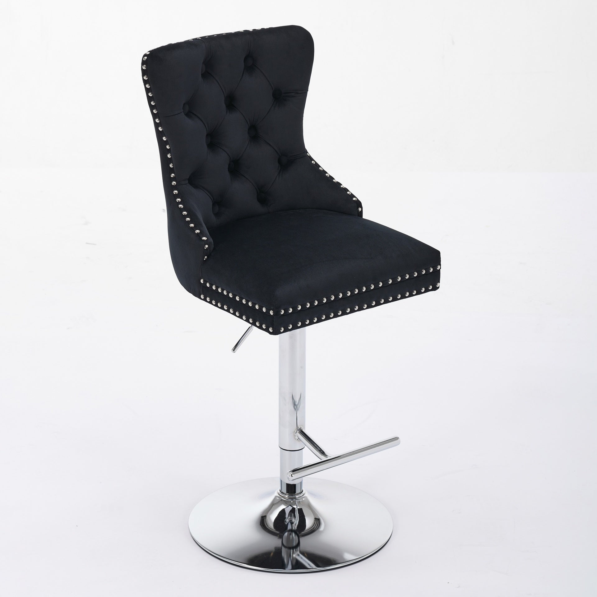 Thick Chrome Swivel Velvet Barstools,Adjustable 25-33"Height,Modern Upholstered with17.7" Base,Tufted Buttons&Diamond Pleating,Sponge&Spring Seat,for Home Pub&Kitchen Island(Black, Set of 2)