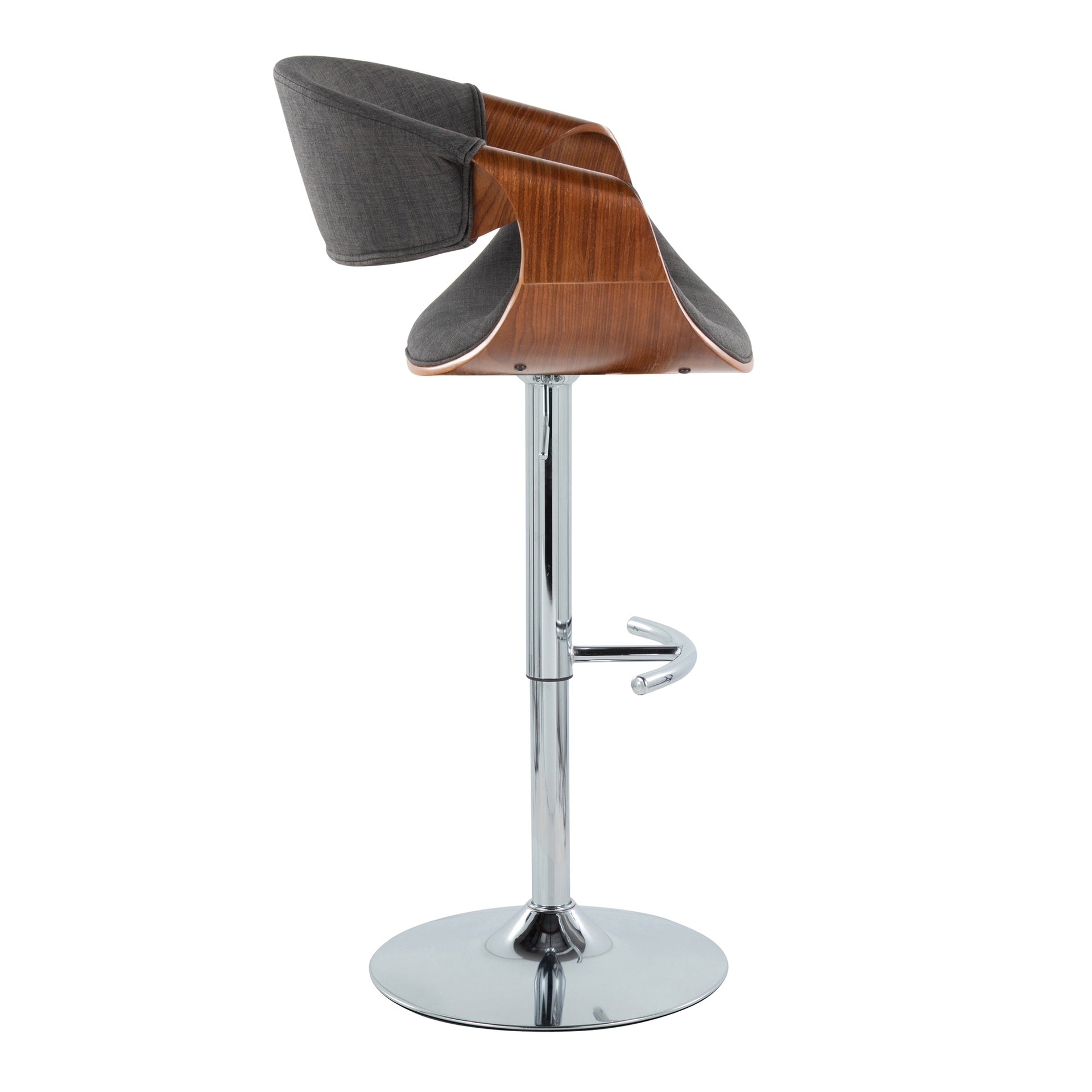 Curvo Mid-Century Modern Adjustable Barstool with Swivel in Chrome Metal, Walnut Wood and Charcoal Fabric with Rounded T Footrest by LumiSource - Set of 2