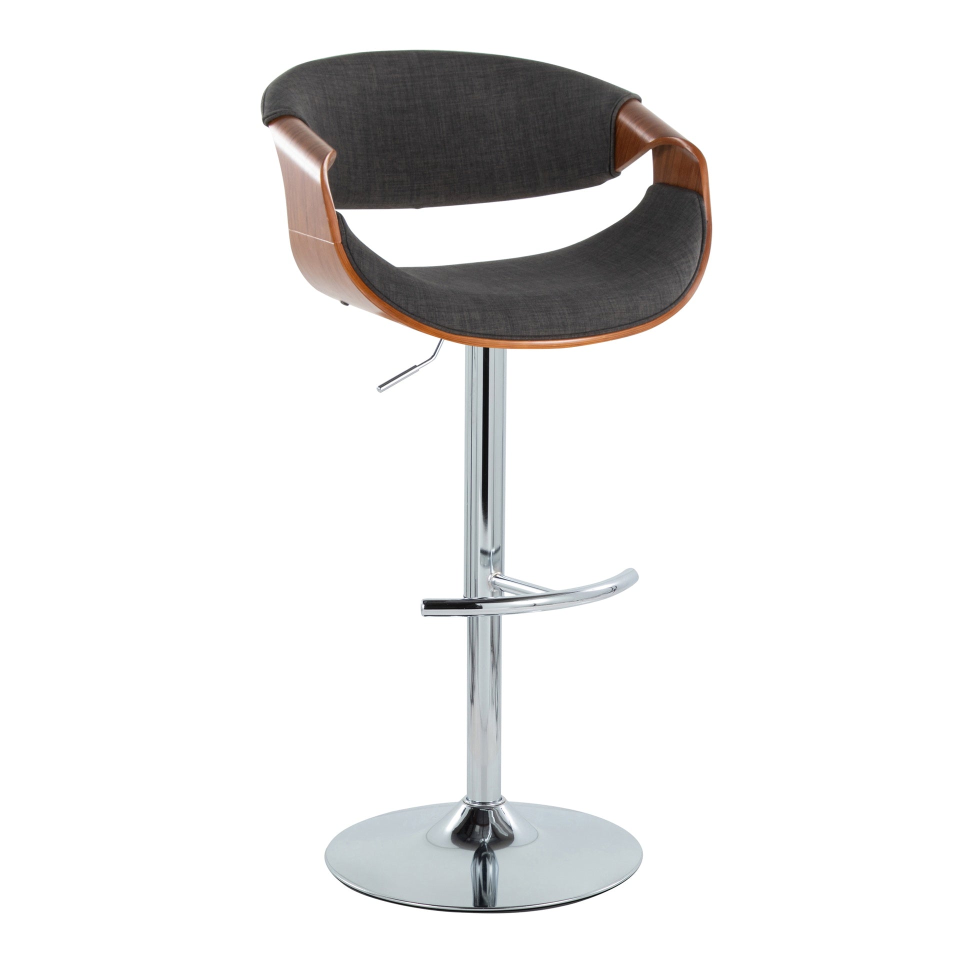 Curvo Mid-Century Modern Adjustable Barstool with Swivel in Chrome Metal, Walnut Wood and Charcoal Fabric with Rounded T Footrest by LumiSource - Set of 2