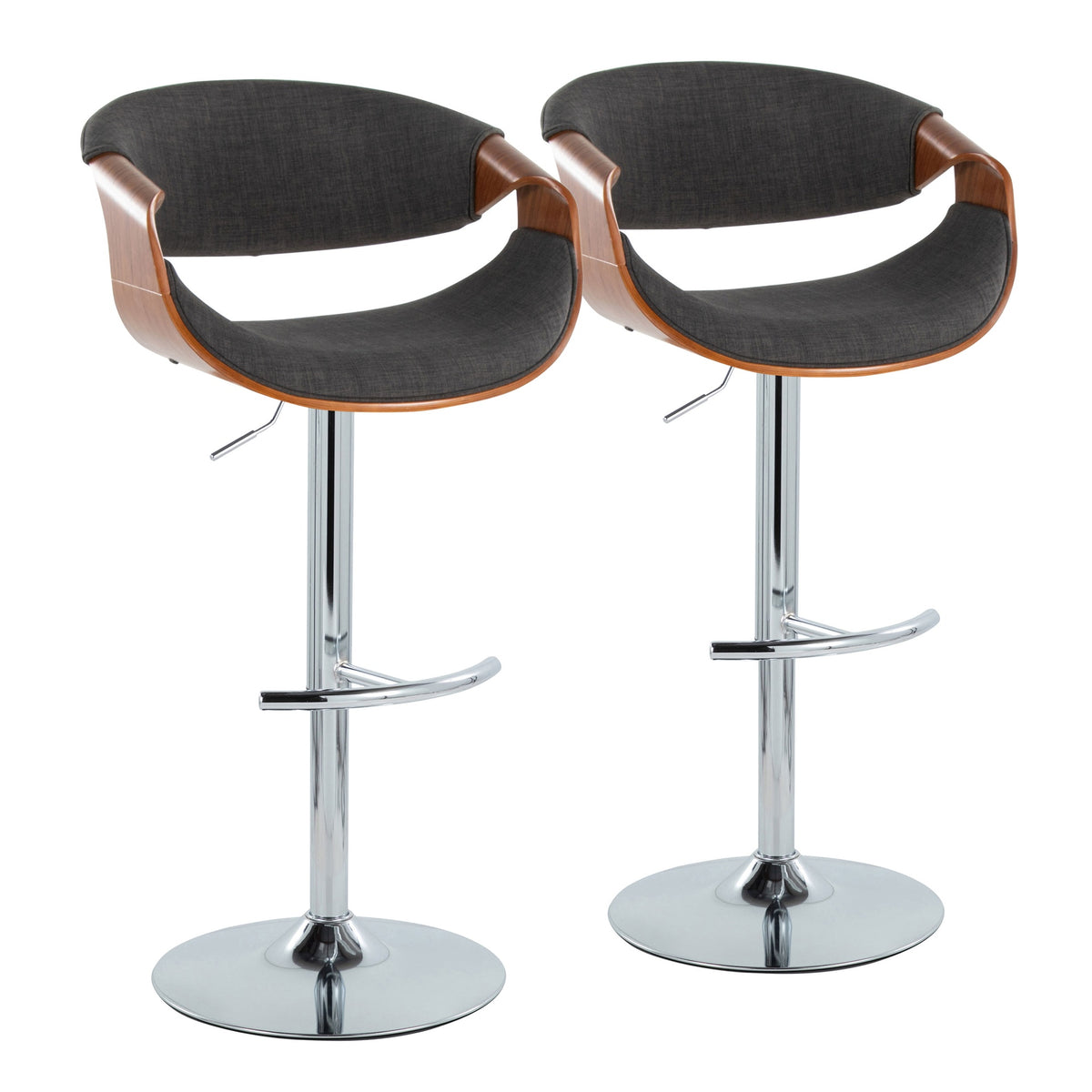 Curvo Mid-Century Modern Adjustable Barstool with Swivel in Chrome Metal, Walnut Wood and Charcoal Fabric with Rounded T Footrest by LumiSource - Set of 2