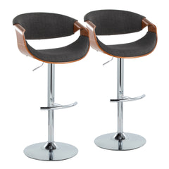 Curvo Mid-Century Modern Adjustable Barstool with Swivel in Chrome Metal, Walnut Wood and Charcoal Fabric with Rounded T Footrest by LumiSource - Set of 2