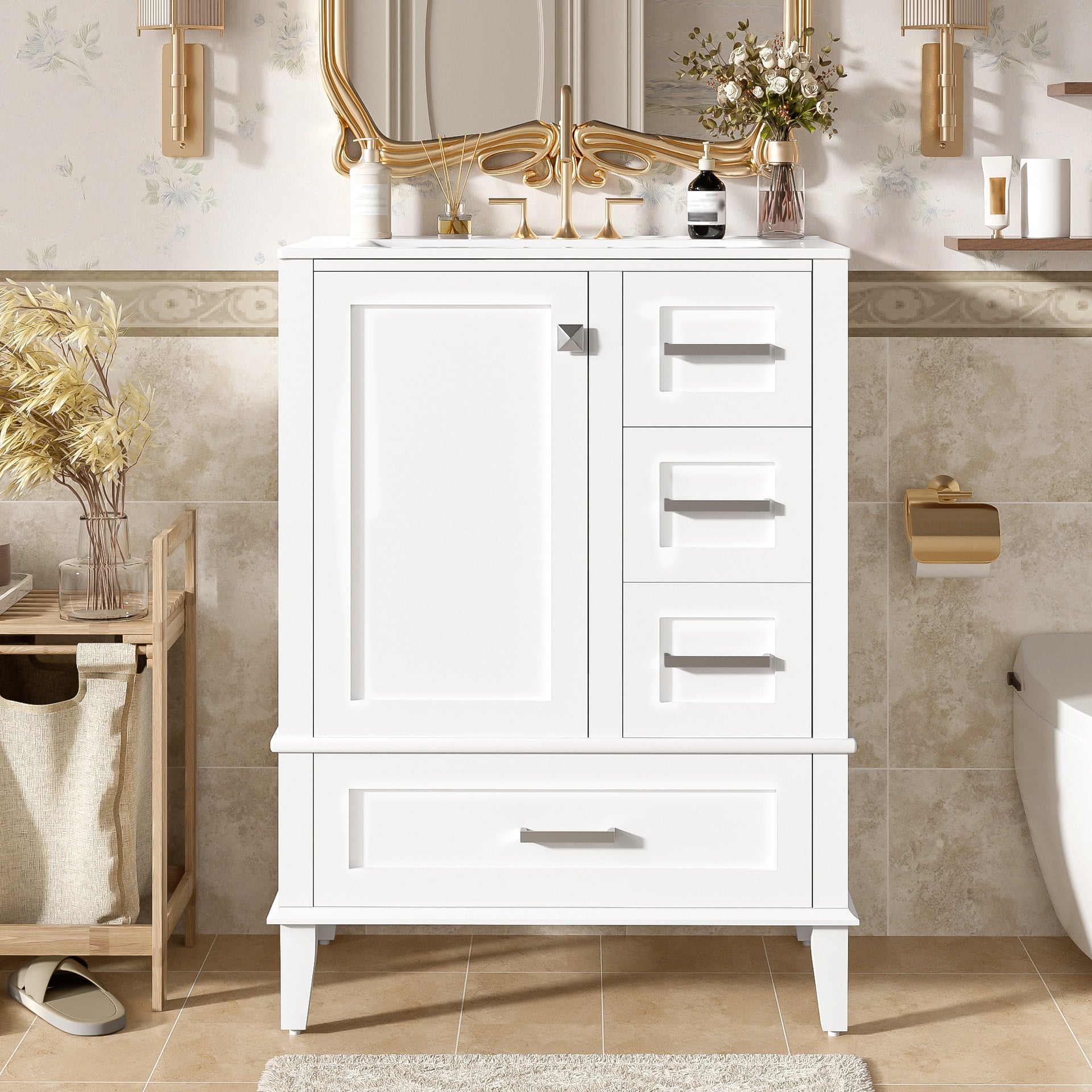 24.8" Bathroom Vanity with Ceramic Sink, Modern Freestanding Cabinet Featuring Soft-Close Door, Deep Drawer, Shallow Drawer & Wide Drawer for Space-Saving Storage