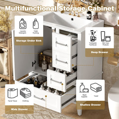 24.8" Bathroom Vanity with Ceramic Sink, Modern Freestanding Cabinet Featuring Soft-Close Door, Deep Drawer, Shallow Drawer & Wide Drawer for Space-Saving Storage