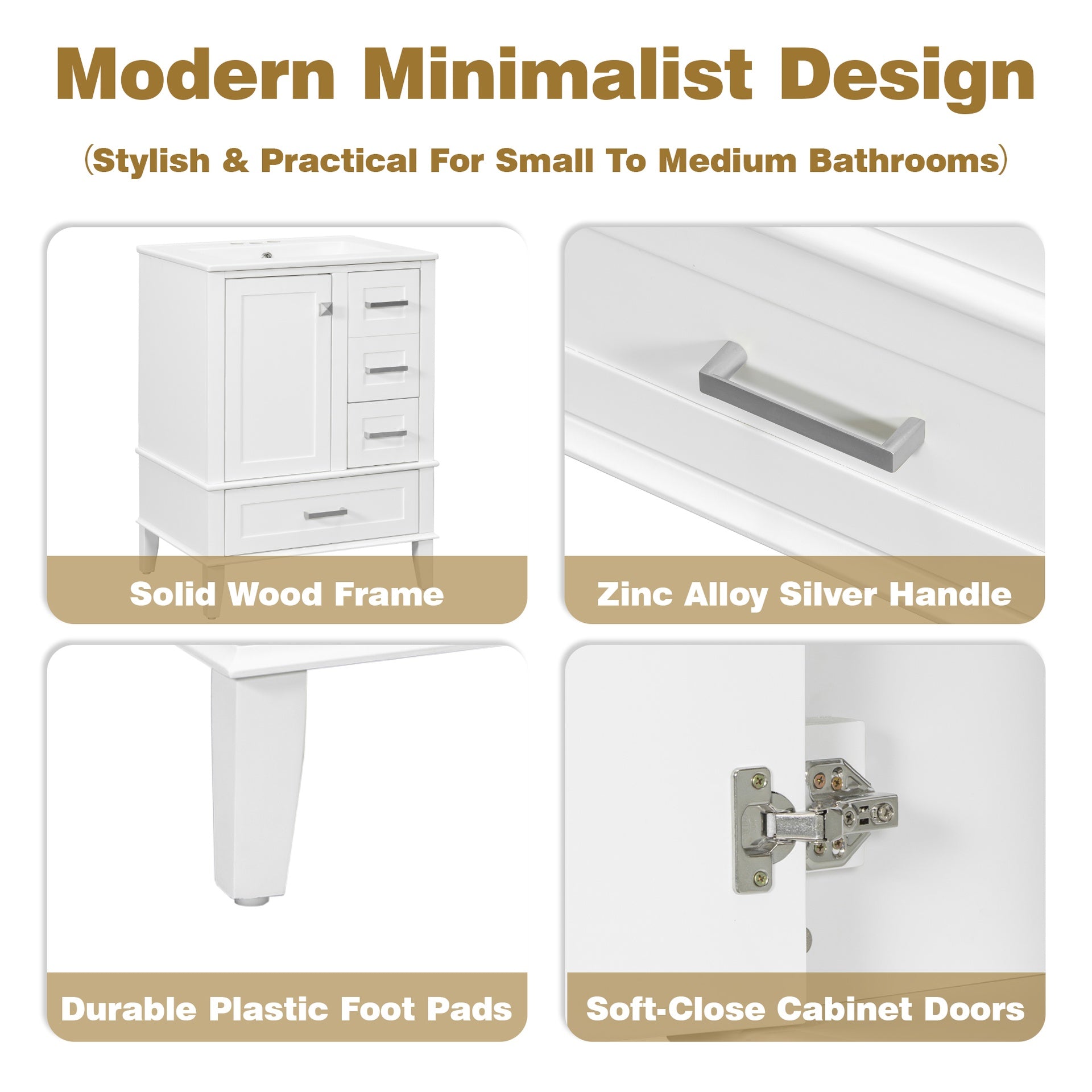 24.8" Bathroom Vanity with Ceramic Sink, Modern Freestanding Cabinet Featuring Soft-Close Door, Deep Drawer, Shallow Drawer & Wide Drawer for Space-Saving Storage