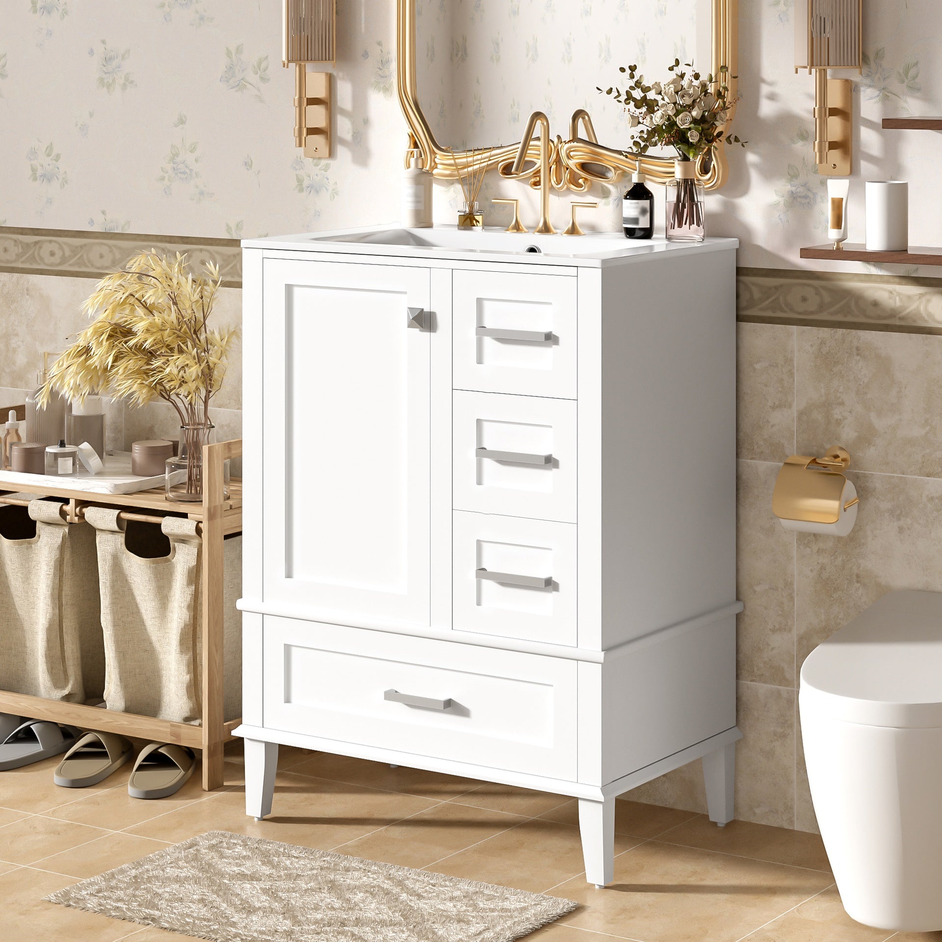 24.8" Bathroom Vanity with Ceramic Sink, Modern Freestanding Cabinet Featuring Soft-Close Door, Deep Drawer, Shallow Drawer & Wide Drawer for Space-Saving Storage