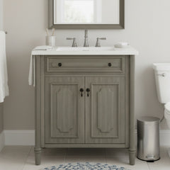 30 Inches Vintage Bathroom Vanity with Sink, Rustic Bathroom Cabinet with Soft Close Doors and Adjustable Shelf, Curved Profile Design, Rubber Wood Legs, Gray