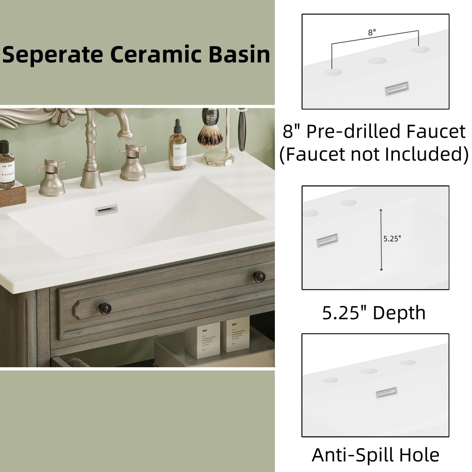 30 Inches Vintage Bathroom Vanity with Sink, Rustic Bathroom Cabinet with Soft Close Doors and Adjustable Shelf, Curved Profile Design, Rubber Wood Legs, Gray